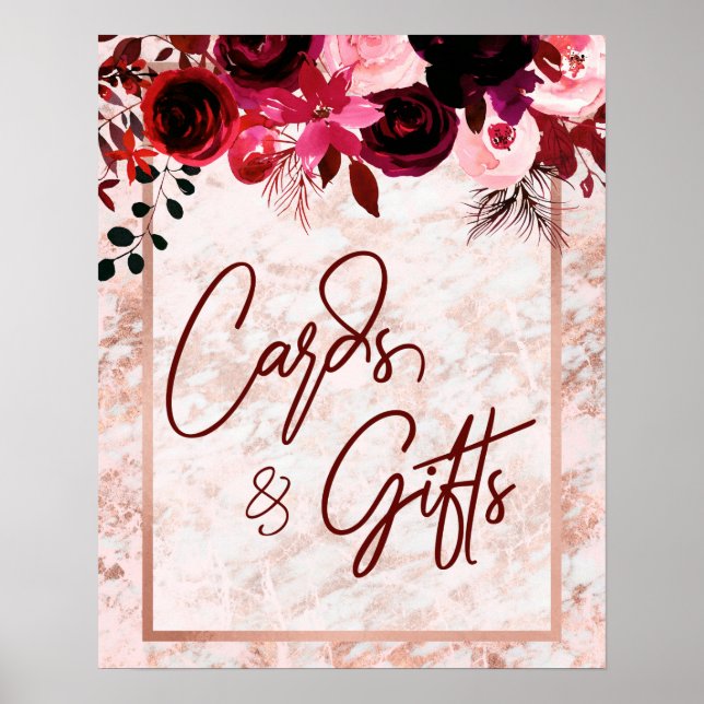 Poster Bourgogne Floral & Rose Gold Wedding Cartes & Cade (Devant)