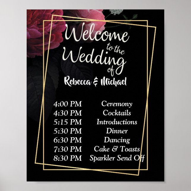 Poster Bourgogne Floral Rustic Mariage Ordre des événemen (Devant)
