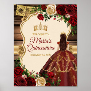 Poster Bourgogne Floral Rustique Bois Mis Quince Bienvenu