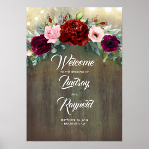 Poster Bourgogne Floral Rustique Mariage campagnard Bienv