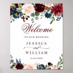Poster Bourgogne Navy Blush Fleurs Mariage Bienvenue