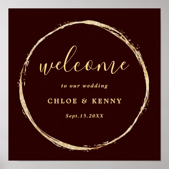 Poster Bourgogne & or Rustic Gold Circle Mariage Bienvenu (Devant)