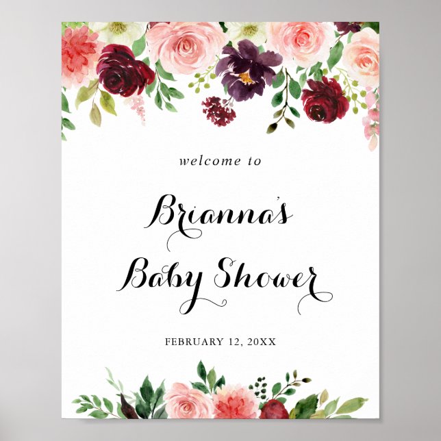 Poster Bourgogne Purple Spring Baby shower Floral Bienven (Devant)