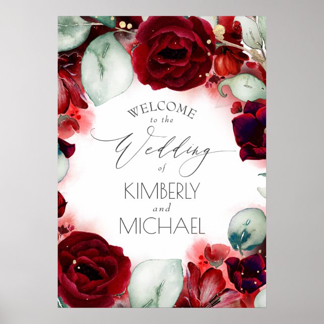 Poster Bourgogne Rouge Floral Mariage Bienvenue (Devant)