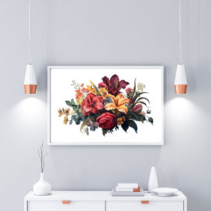 Poster Bourgogne Rouge Foncé Pêche Floral Vintage Feuilla