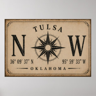 Poster Boussole Coordonnées Vintage Tulsa Oklahoma