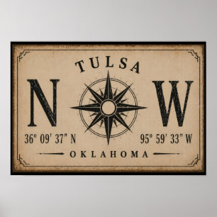 Poster Boussole Coordonnées Vintage Tulsa Oklahoma