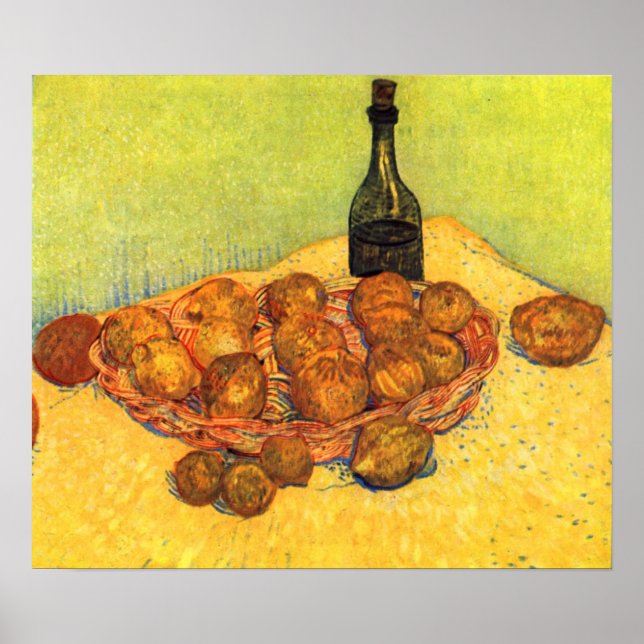 Poster Bouteille, citrons et oranges par van Gogh (Devant)