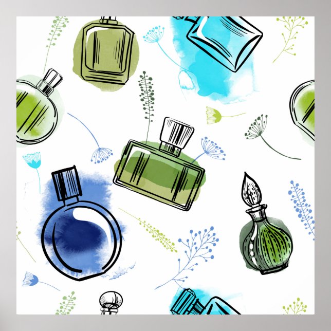 Poster Bouteille de parfum motif sans soudure et texte aq (Devant)