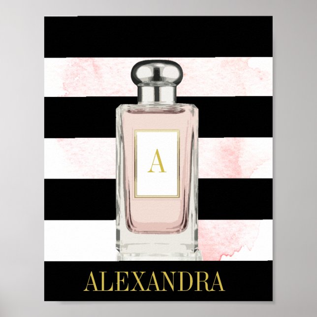 Poster Bouteille de parfum rose Noir Bande Chic Monogramm (Devant)