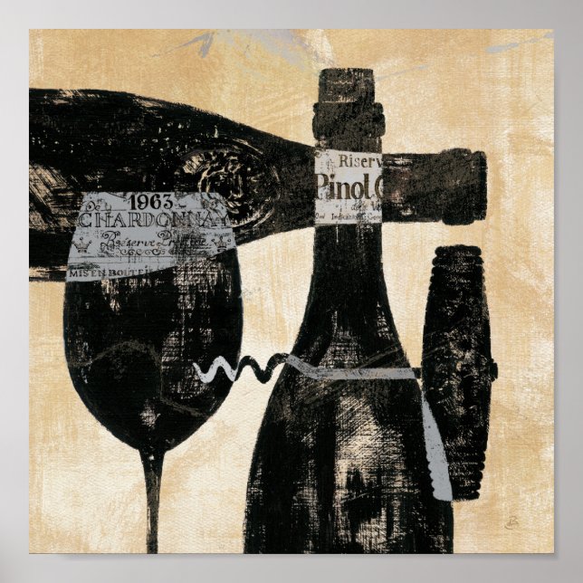 Poster Bouteille de vin et verre (Devant)