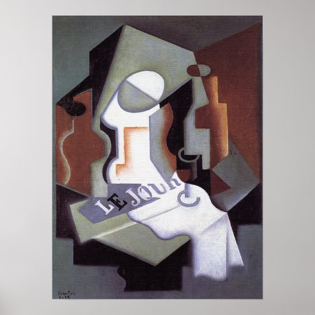 Poster Bouteille et plat de fruits, par Juan Gris (Devant)