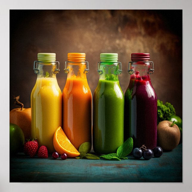 Poster Bouteilles de fruits frais et jus de légumes. (Devant)