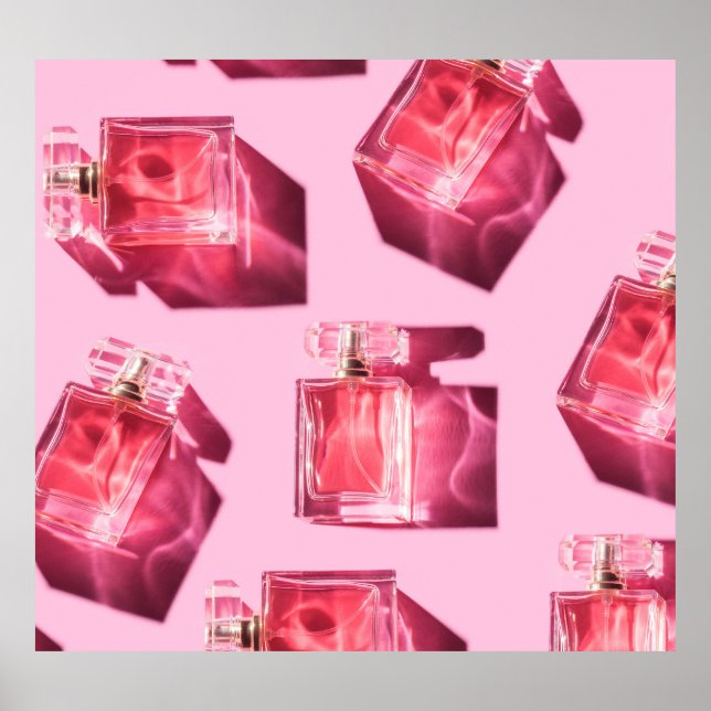 Poster Bouteilles de parfum, arrière - plan rose, plat (Devant)