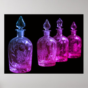 Poster Bouteilles de parfum en verre rétro gravé Rouge+Bl