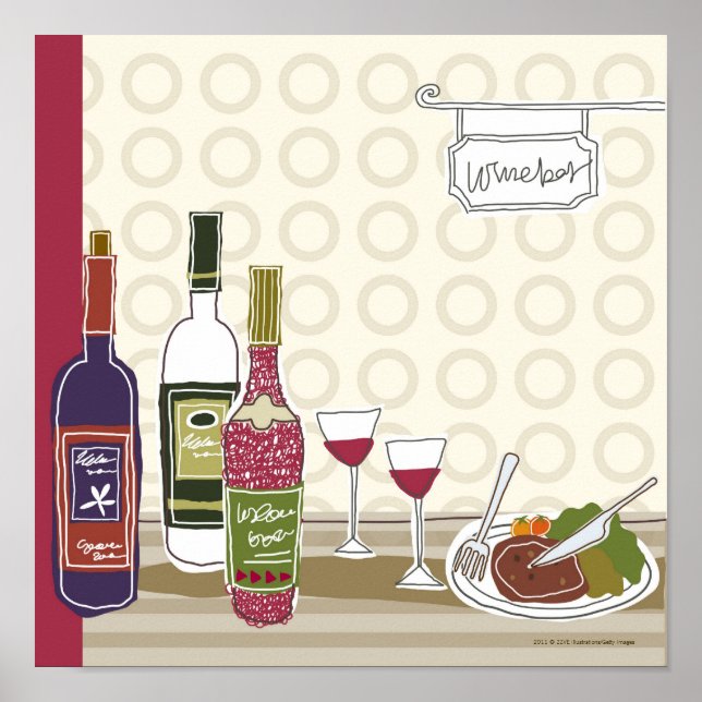 Poster Bouteilles de vin avec lunettes de vin sur table (Devant)