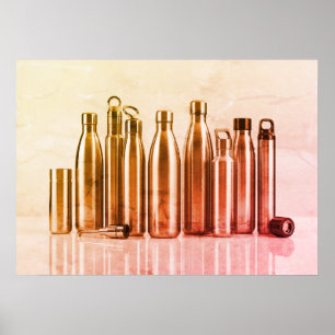 Poster Bouteilles d'eau en acier rétro Golden Rose sur un