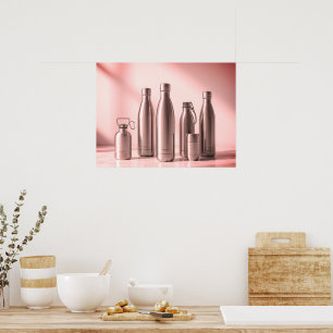 Poster Bouteilles d'eau en acier teinté de rose sur un mu
