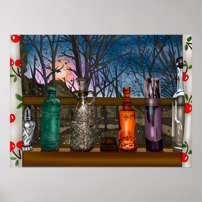 Poster Bouteilles en verre dans la fenêtre pleine de gout (Devant)