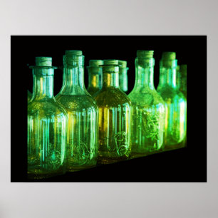 Poster Bouteilles en verre rétro coloré vert fermées par