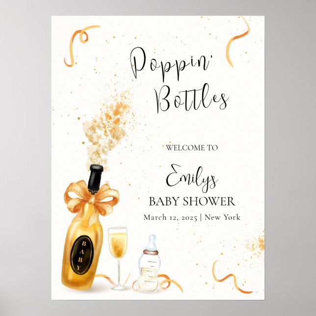 Poster Bouteilles Gold Poppin Champagne Baby shower Bienv (Devant)