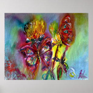 POSTER BOUTEILLES ROUGES SUR THISTLES JAUNES, CIEL BLEU F