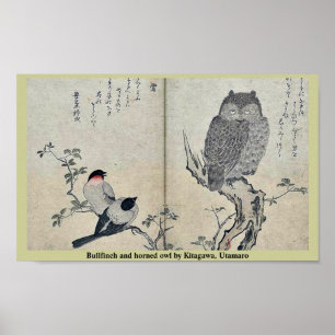Poster Bouvreuil et hibou à cornes par Kitagawa, Utamaro