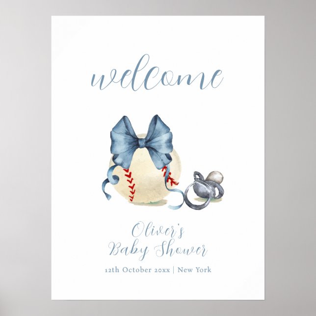 Poster Bow Pacifier Baseball Sport Baby Shower Welcome  (Devant)