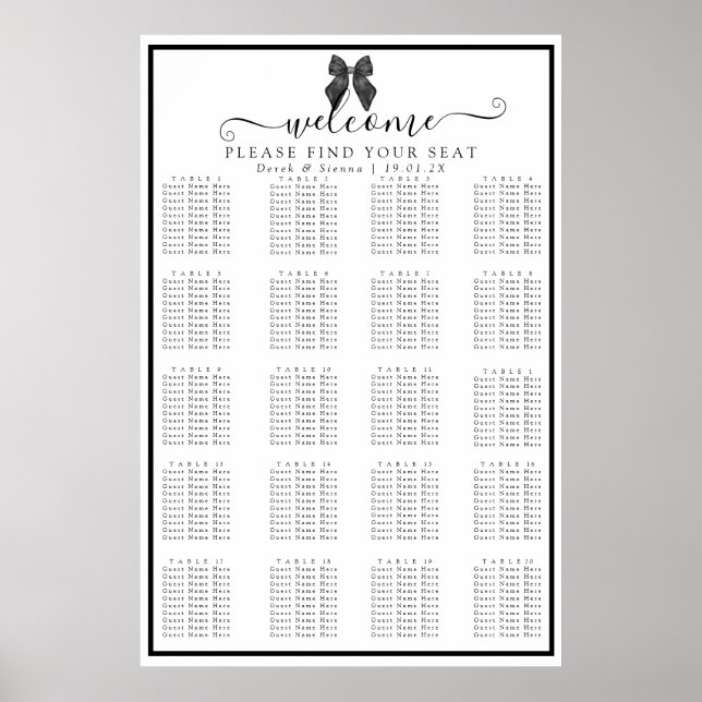Poster Bow Ribbon Classical Noir & Blanc Mariage Siège (Devant)
