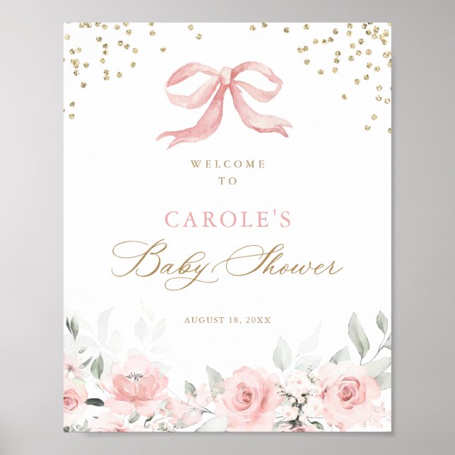 Poster Bow rose Floral Gold Baby shower Bienvenue (Devant)