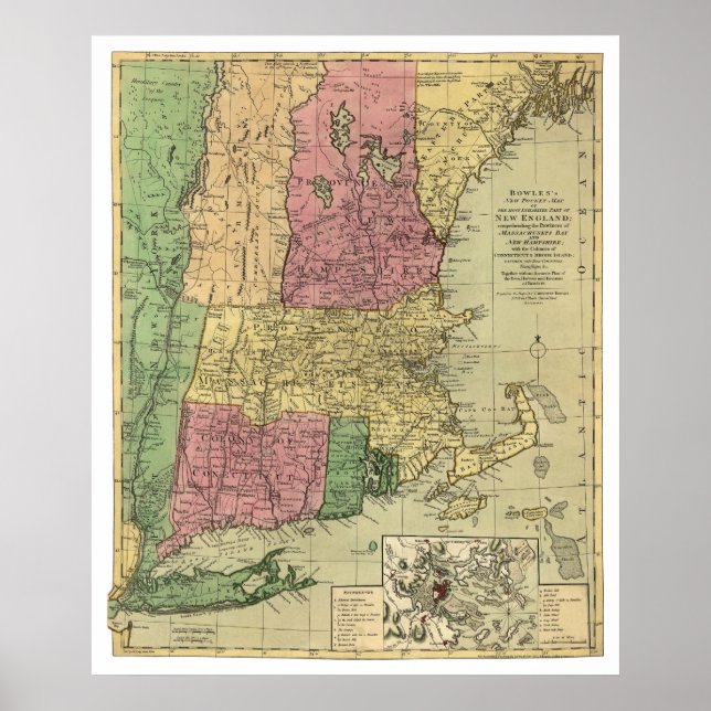 Poster Bowle's Map of New England 1784 (Devant)