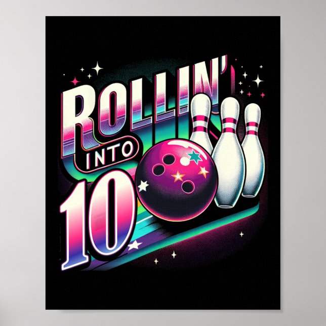 Poster Bowling Birthday Rollin Into 10 Party 10th Bday Re (Devant)