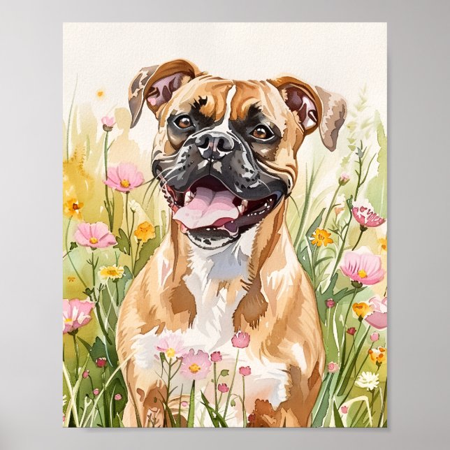 Poster Boxer Chien Aquarelle Imprimer - Cute Boxer Wall A (Devant)