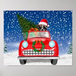 Poster Boxer Chien Conduite Voiture En Noël De Neige