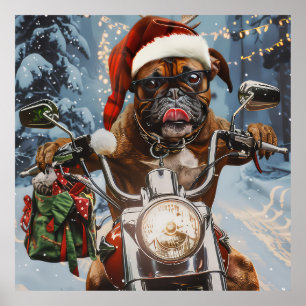 Poster Boxer Chien équitation Moto Noël