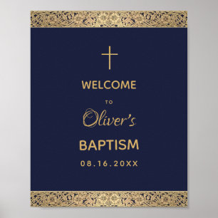 Poster Boy Baptism Marine Blue Gold Roses Vintage Bienven