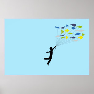 Poster Boy Floating Away Holding Tropical Fish Balloons