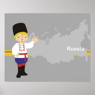Poster Boy in traditional Russian clothing in front of