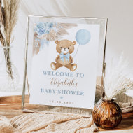 Poster Boy Teddy Bear Boho Blue Floral Pampas Bienvenue