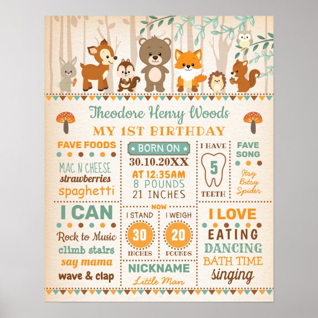 Poster Boy Woodland Birth Stats 1er Anniversaire Jalon (Devant)