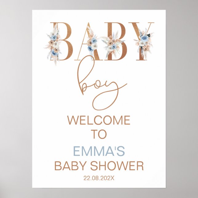 Poster Boys Blue Boho Floral Word Baby shower Bienvenue (Devant)