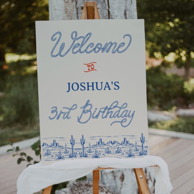 Poster Boys Blue Red Rodeo 3e anniversaire accueille le s (Boys Blue Rodeo 3rd Birthday Welcome Sign, Wild West, Western Cowboy Southern Country Welcome Sign)