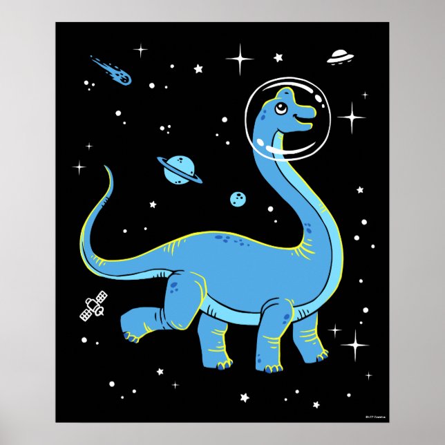 Poster Brachiosaurus Bleu Dinos Dans L'Espace (Devant)