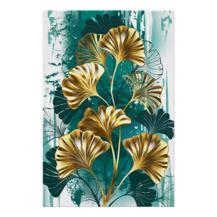 Poster Branche avec Feuilles d'or Ginko Biloba