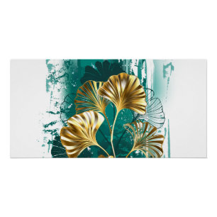 Poster Branche avec Feuilles d'or Ginko Biloba
