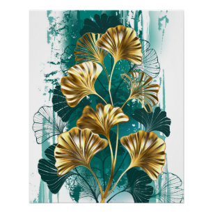 Poster Branche avec Feuilles d'or Ginko Biloba