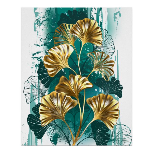 Poster Branche avec Feuilles d'or Ginko Biloba (Devant)