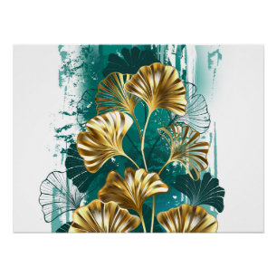 Poster Branche avec Feuilles d'or Ginko Biloba