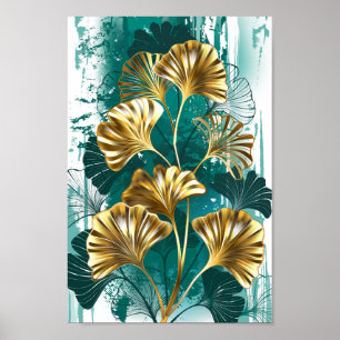 Poster Branche avec Feuilles d'or Ginko Biloba