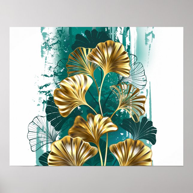 Poster Branche avec Feuilles d'or Ginko Biloba (Devant)